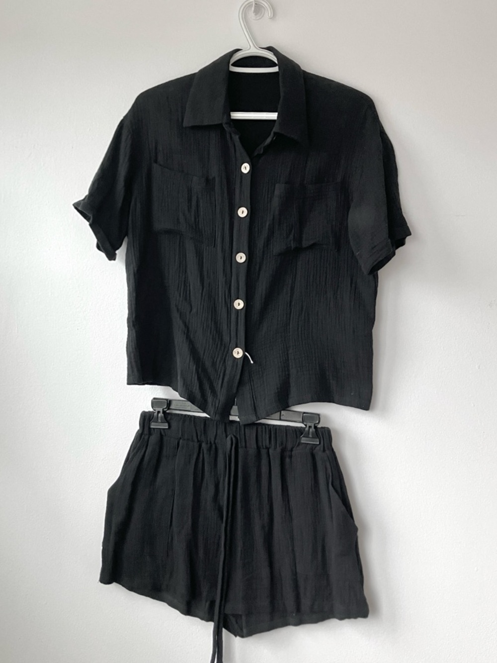SHEIN Black Two-Piece Button Shirt & Shorts Set